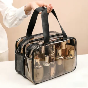 Clear Makeup Bag Double Layer – Large Capacity Cosmetic Organizer with Dry & Wet Separation, PVC Toiletry Bag for Travel, Bathro