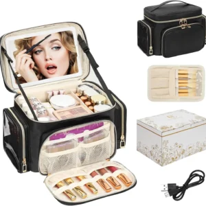 Large Travel Makeup Bag with LED Mirror, Organizer for Women and Girls, Includes Brush Compartment and Side Pockets