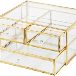 Vintage Gold Glass Jewelry Organizer with Golden Lace, 2-Tier Desktop Storage for Makeup and Keepsakes