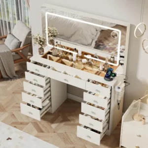 White Makeup Vanity Desk with LED Mirror, 11 Drawers, Adjustable Lighting, Glass Top for Bedroom
